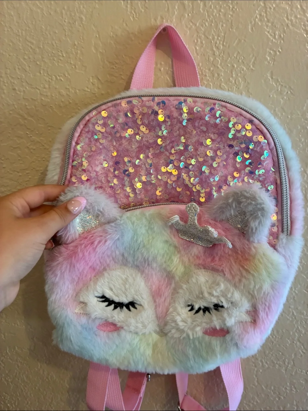 Kids Pink Multicolor Plush Sequin Fuzzy Rainbow Fox Backpack